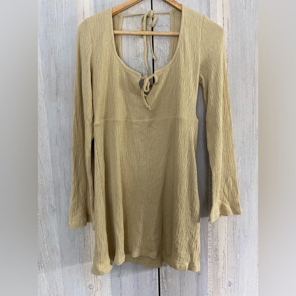 Free People Beige Tie-Neck Mini Dress